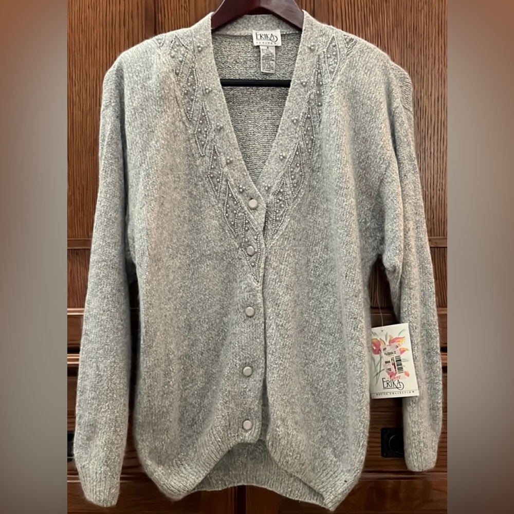 NWT Erika Petites Angora Beaded V-neck Cardigan 80s 90s VTG Granny Deadstock